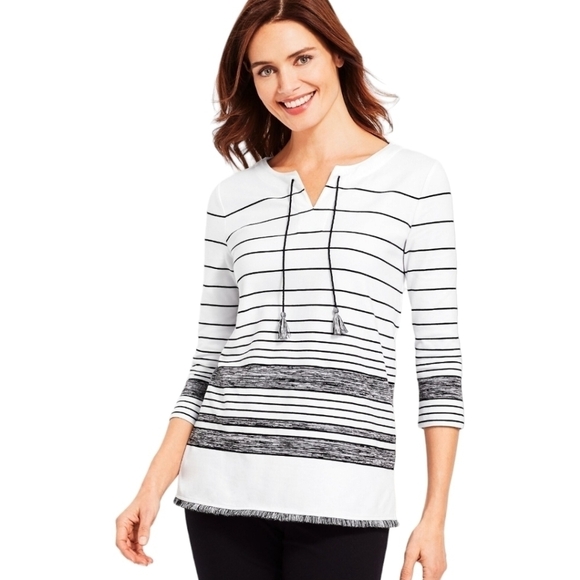 Talbots Tops - Talbots STRIPE TASSEL SPLIT-NECK Top